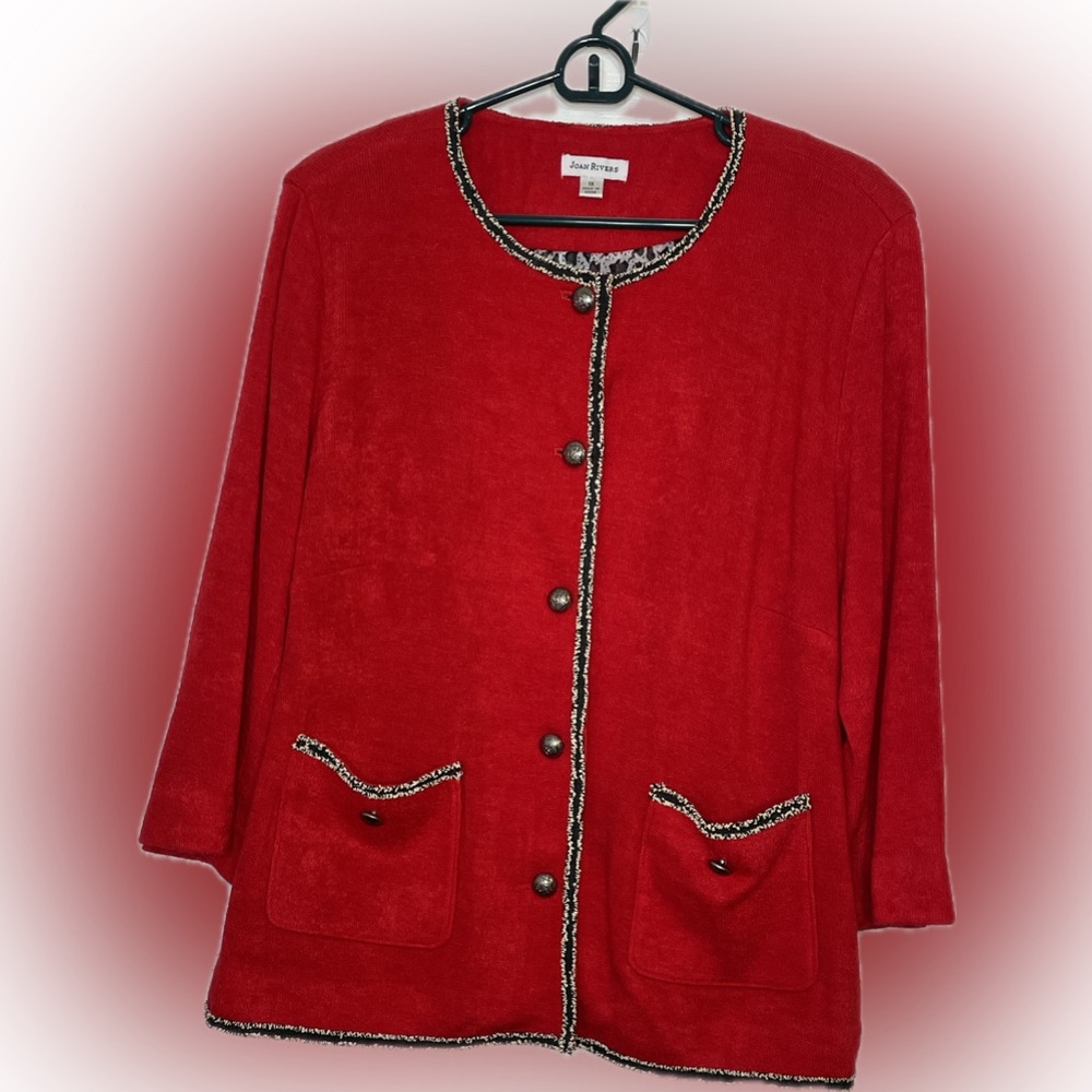 Joan Rivers Red Button-Up Jacket with Black Trim